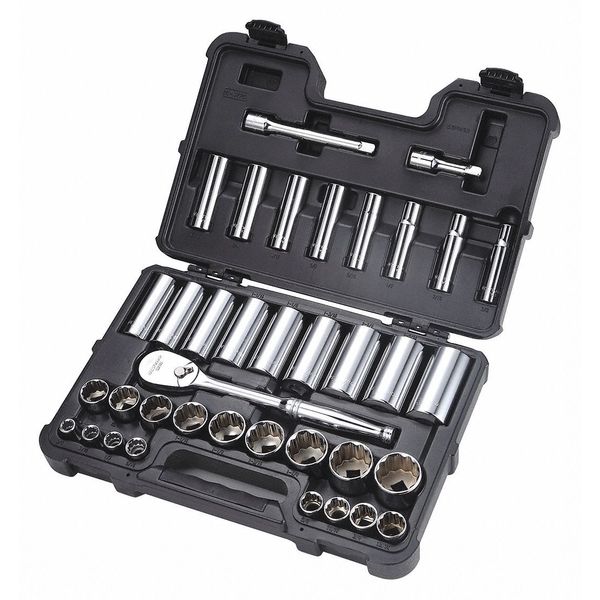 Socket Wrench Set, 1/2 in Drive, (17) 12-Point, (17) Deep 12-Point, SAE, 37-Piece