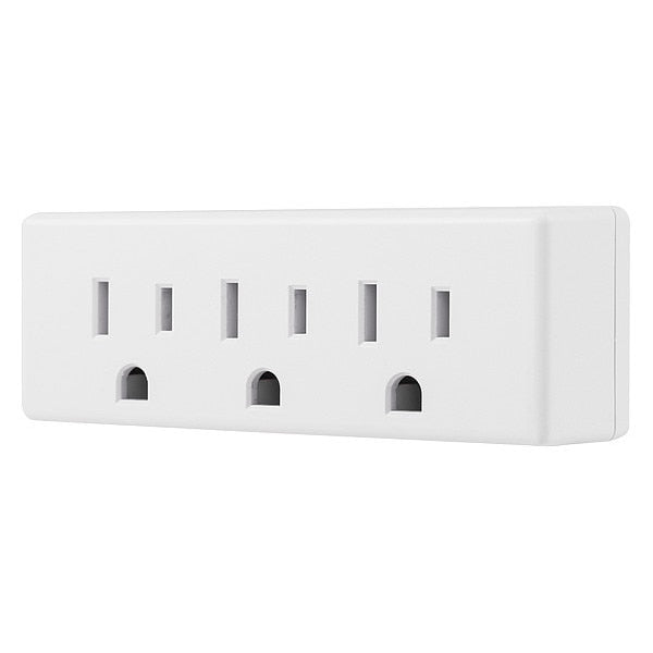 Plug Adapter, 3 Outlets, White, 125VAC