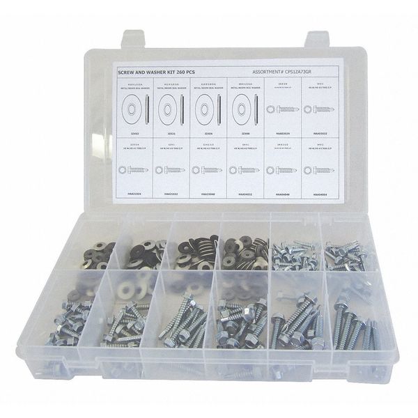 Screw and Washer Assortment Self-Drilling Screw and Washer Assortment, Steel, Zinc Plated Finish
