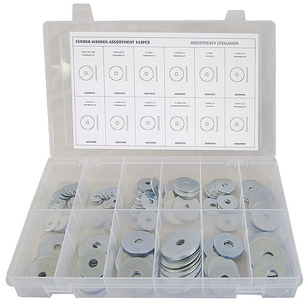 Fender Washer Assortment, Steel, Zinc Plated Finish, 143 PCS