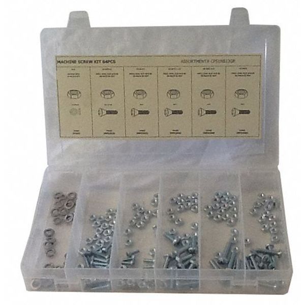 Machine Screw Assortment Machine Screw, Nut and Washer Assortment, Steel, Plain Finish, 84 PCS