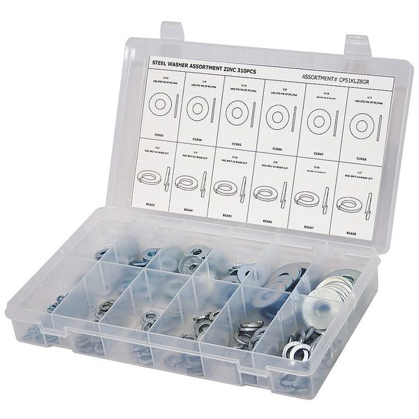 Flat and Split Lock Washer Assortment, Steel, Zinc Plated Finish, 310 PCS