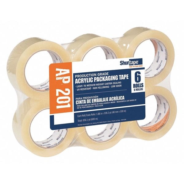 Packaging Tape, 48mm W, 100m L, 2 mil Thick, Clear, Standard Duty, 6 Pack