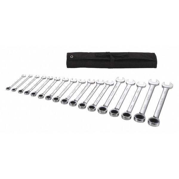 Ratcheting Wrench Set, Metric, 8 mm to 25 mm Head Sizes, 12 Points, 15-Piece