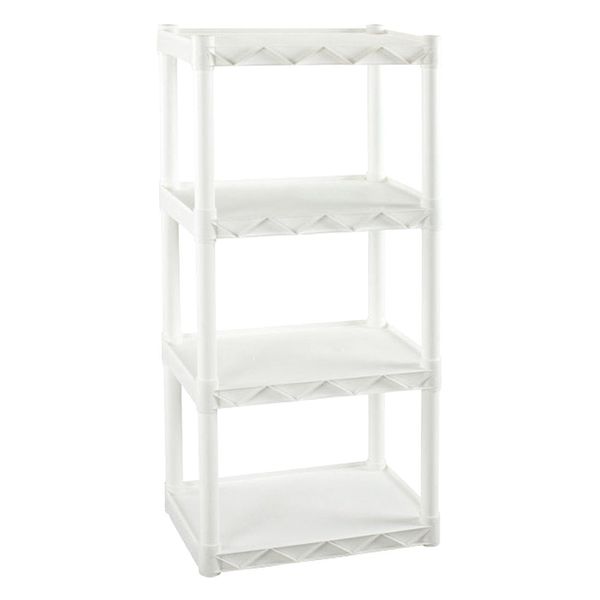 Freestanding Plastic Shelving Unit, Open Style, 14 in D, 22 in W, 48 in H, 4 Shelves, White