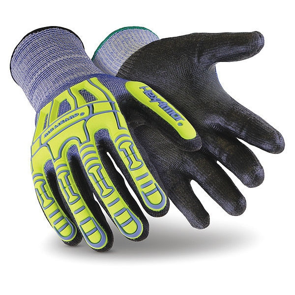 Hi-Vis Cut Resistant Impact Coated Gloves, A6 Cut Level, Polyurethane, L, 1 PR