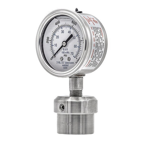 Pressure Gauge, 0 to 1000 psi, 1/2 in FNPT, Silver