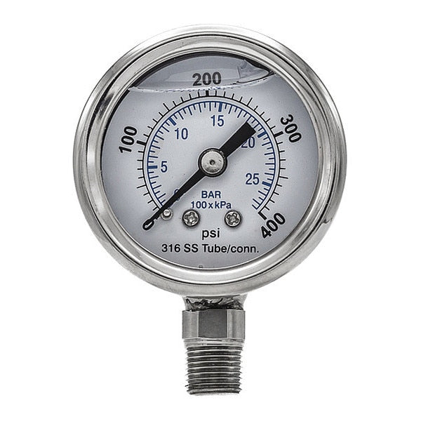 Pressure Gauge, 0 to 400 psi, 1/8 in MNPT, Silver