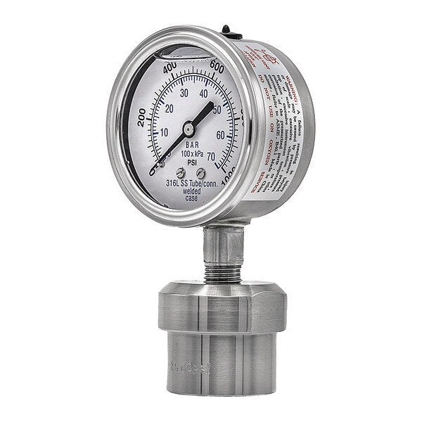 Pressure Gauge, 0 to 1000 psi, 1/4 in FNPT, Silver