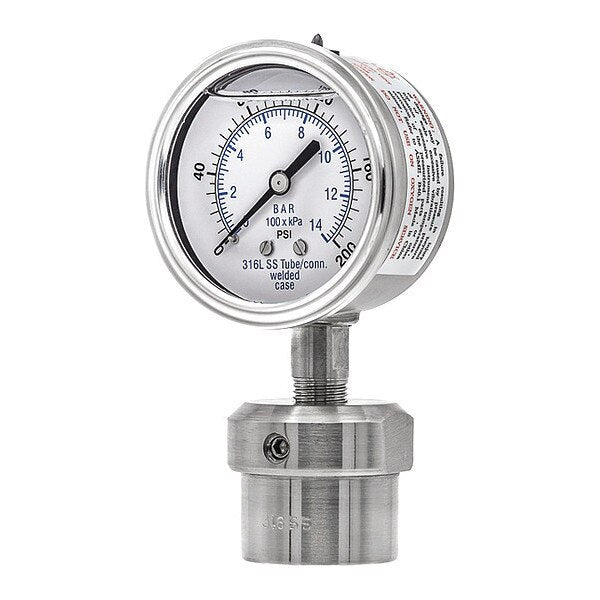 Pressure Gauge, 0 to 200 psi, 1/2 in FNPT, Silver