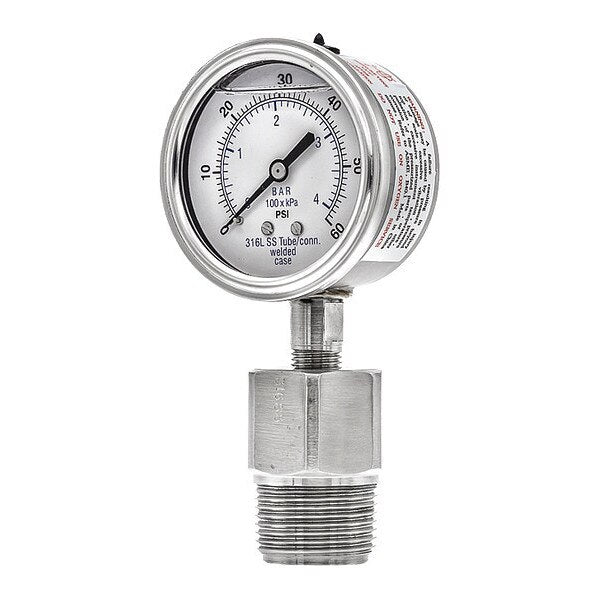 Pressure Gauge, 0 to 60 psi, 1 in MNPT, Silver
