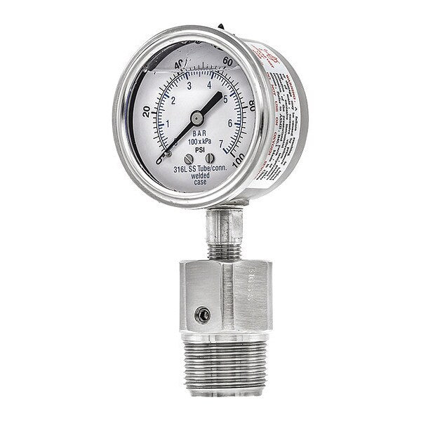 Pressure Gauge, 0 to 100 psi, 1 in MNPT, Silver