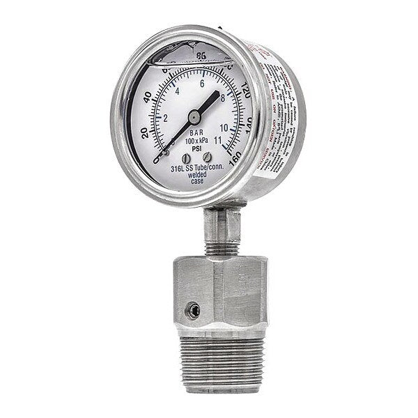 Pressure Gauge, 0 to 160 psi, 1 in MNPT, Silver