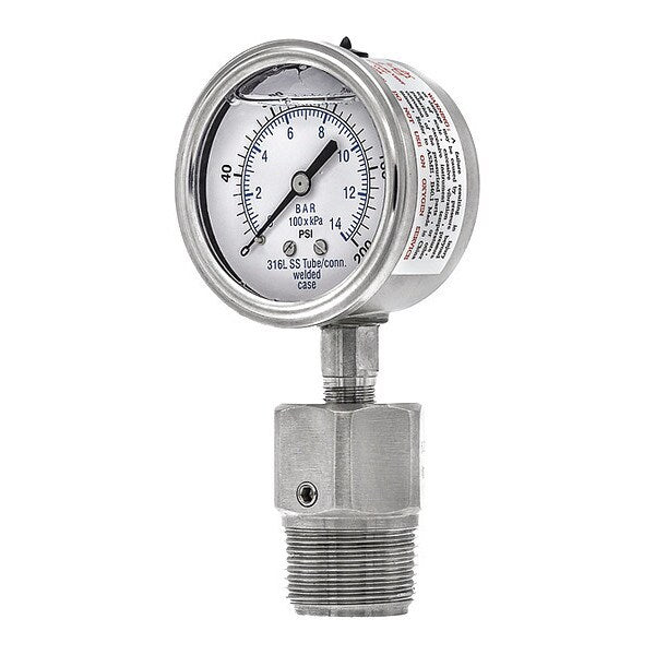 Pressure Gauge, 0 to 200 psi, 1 in MNPT, Silver