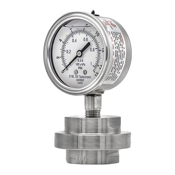 Pressure Gauge, 0 to 15 psi, 1/4 in FNPT, Silver