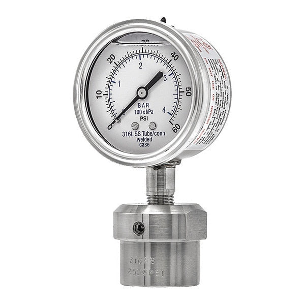 Pressure Gauge, 0 to 60 psi, 1/4 in FNPT, Silver
