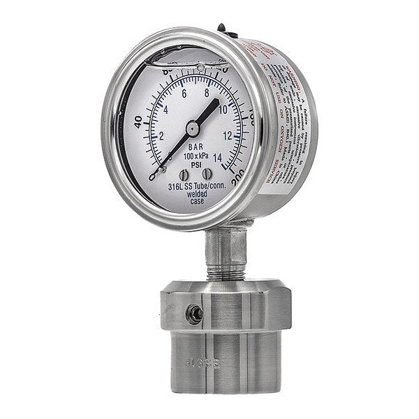 Pressure Gauge, 0 to 200 psi, 1/4 in FNPT, Silver