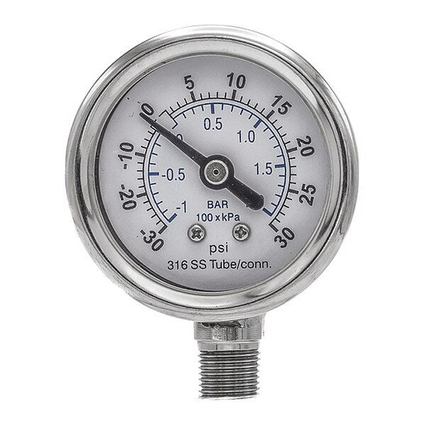 Compound Gauge, -30 to 0 to 30 in Hg/psi, 1/8 in MNPT, Silver