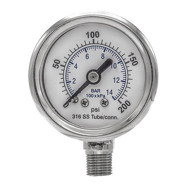 Pressure Gauge, 0 to 200 psi, 1/8 in MNPT, Silver
