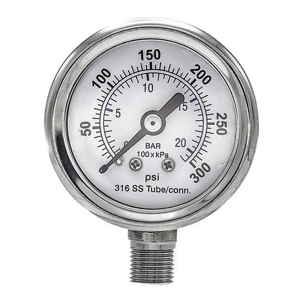 Pressure Gauge, 0 to 300 psi, 1/8 in MNPT, Silver
