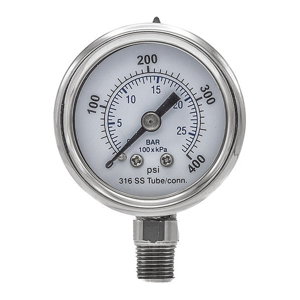 Pressure Gauge, 0 to 400 psi, 1/8 in MNPT, Silver