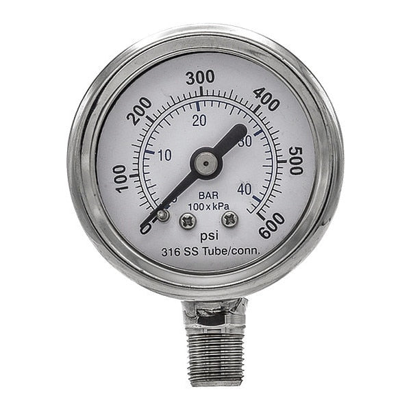Pressure Gauge, 0 to 600 psi, 1/8 in MNPT, Silver