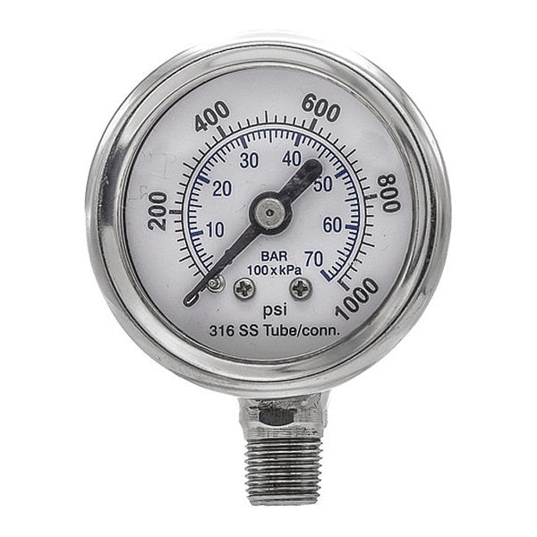 Pressure Gauge, 0 to 1000 psi, 1/8 in MNPT, Silver