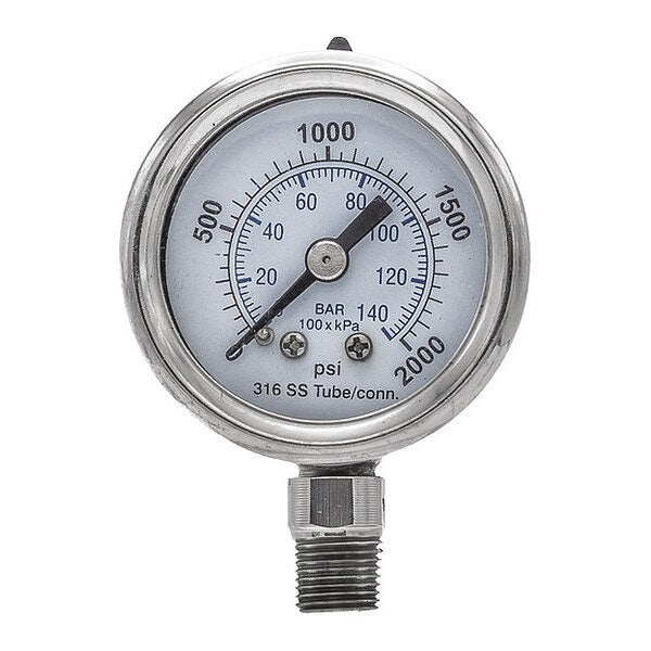 Pressure Gauge, 0 to 2000 psi, 1/8 in MNPT, Silver
