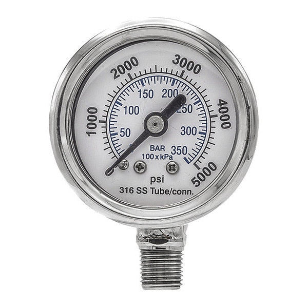 Pressure Gauge, 0 to 5000 psi, 1/8 in MNPT, Silver