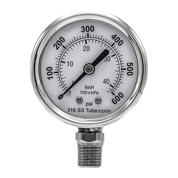 Pressure Gauge, 0 to 600 psi, 1/4 in MNPT, Silver