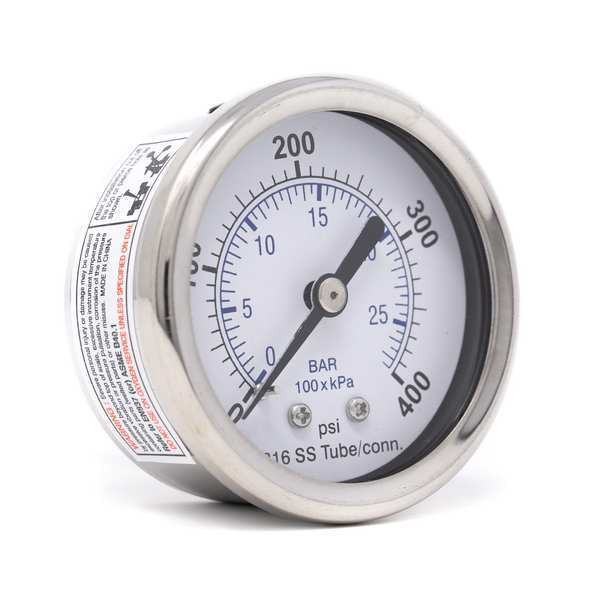 Pressure Gauge, 0 to 400 psi, 1/4 in MNPT, Silver