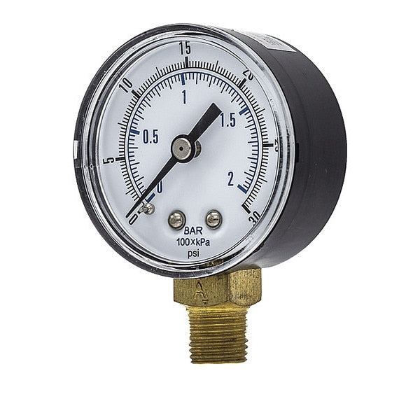 Pressure Gauge, 0 to 30 psi, 1/4 in BSPT, Black