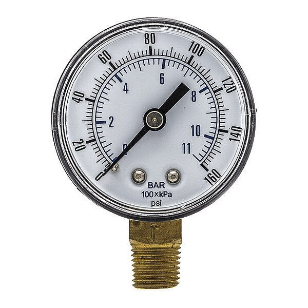 Pressure Gauge, 0 to 160 psi, 1/4 in BSPT, Black