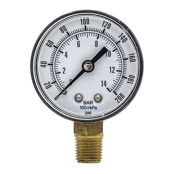 Pressure Gauge, 0 to 200 psi, 1/4 in BSPT, Black
