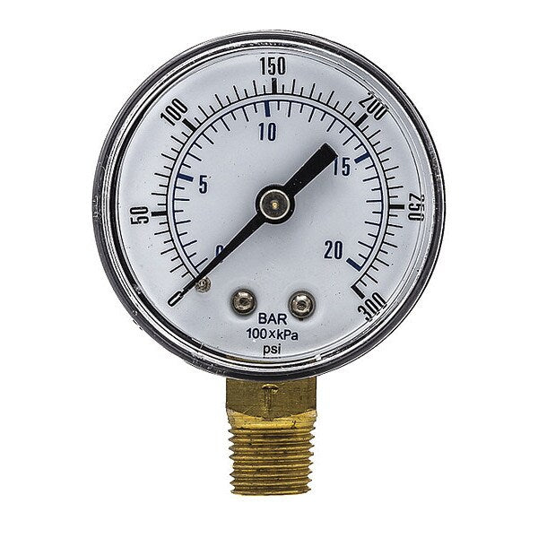 Pressure Gauge, 0 to 300 psi, 1/4 in BSPT, Black