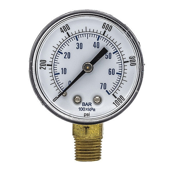 Pressure Gauge, 0 to 1000 psi, 1/4 in BSPT, Black