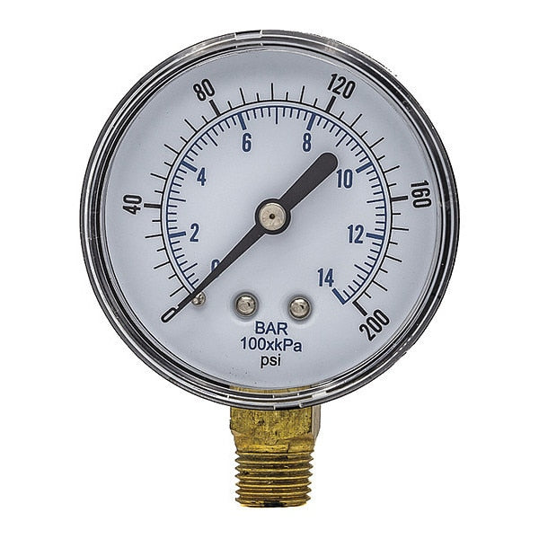 Pressure Gauge, 0 to 200 psi, 1/4 in BSPT, Black