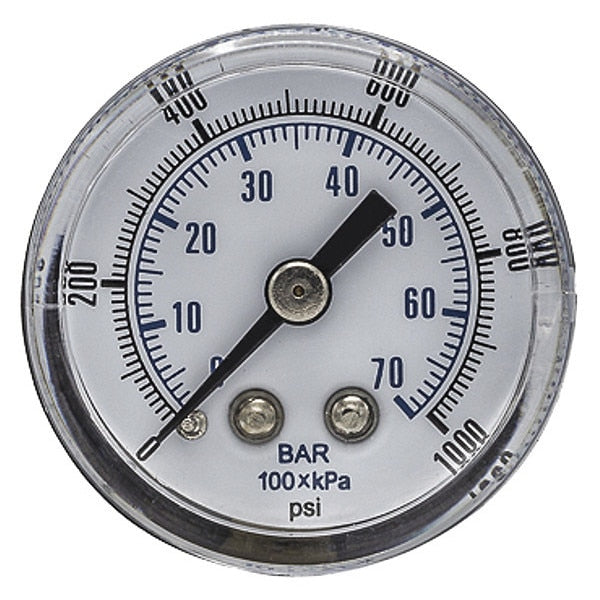 Pressure Gauge, 0 to 1000 psi, 1/8 in BSPT, Black