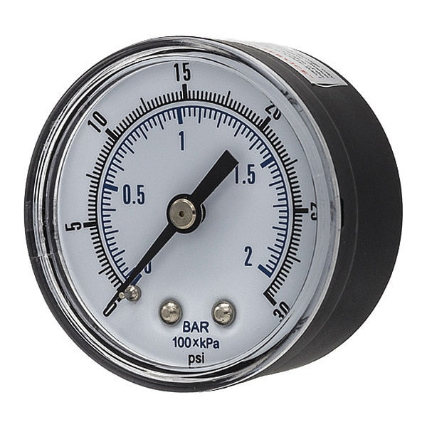 Pressure Gauge, 0 to 30 psi, 1/4 in BSPT, Black