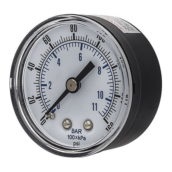 Pressure Gauge, 0 to 160 psi, 1/4 in BSPT, Black