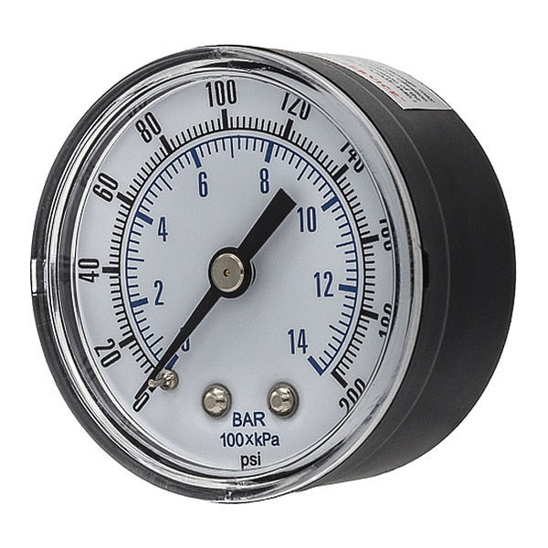 Pressure Gauge, 0 to 200 psi, 1/4 in BSPT, Black