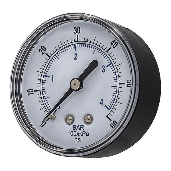 Pressure Gauge, 0 to 60 psi, 1/4 in BSPT, Black