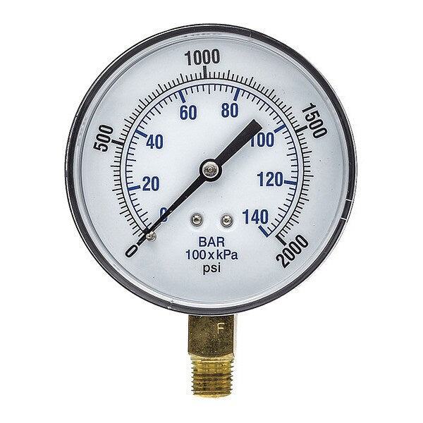 Pressure Gauge, 0 to 2000 psi, 1/4 in MNPT, Black