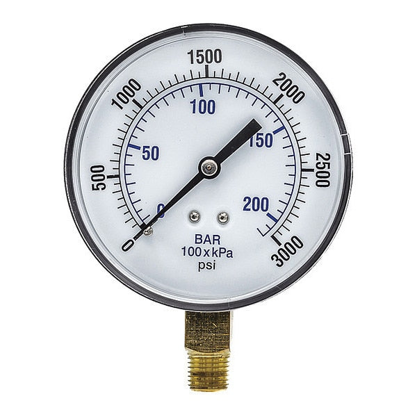 Pressure Gauge, 0 to 3000 psi, 1/4 in MNPT, Black