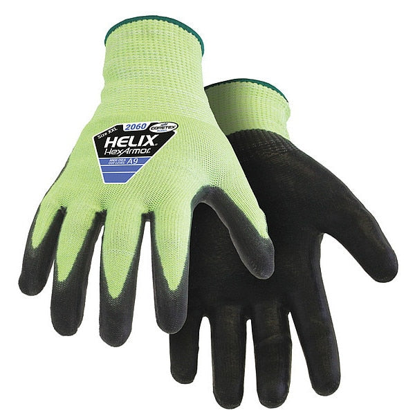 Hi-Vis Cut Resistant Coated Gloves, A9 Cut Level, Polyurethane, 2XS, 1 PR