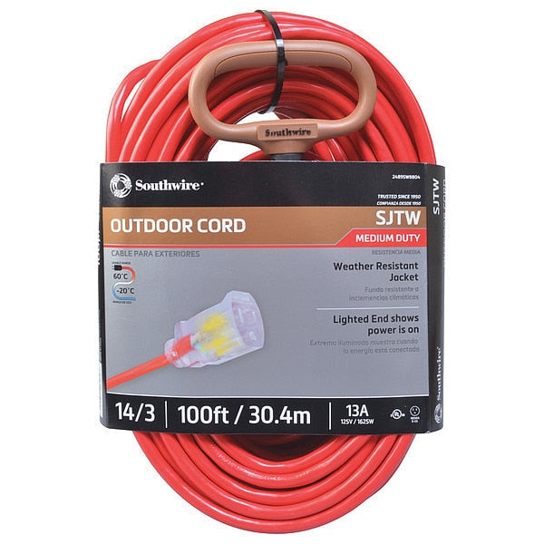 Extension Cord, 14 AWG, 125VAC, 100 ft. L