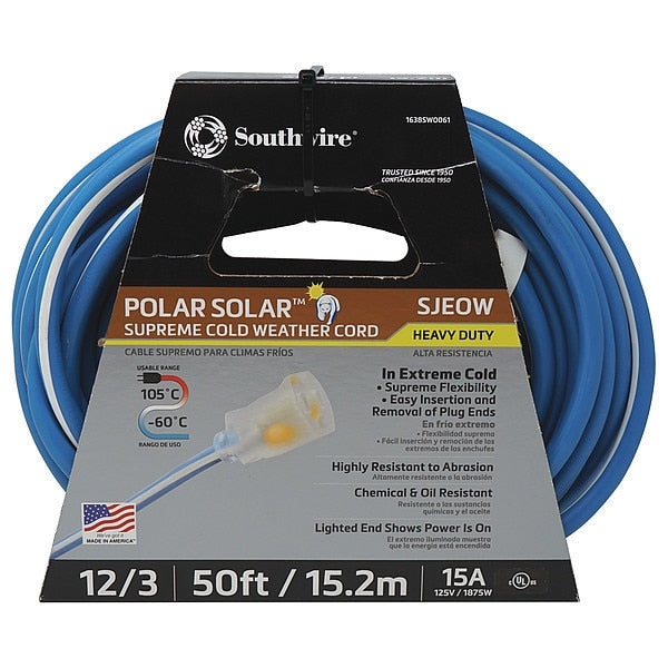 Extension Cord, 12 AWG, 125VAC, 50 ft. L