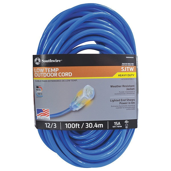 Extension Cord, 12 AWG, 125VAC, 100 ft. L