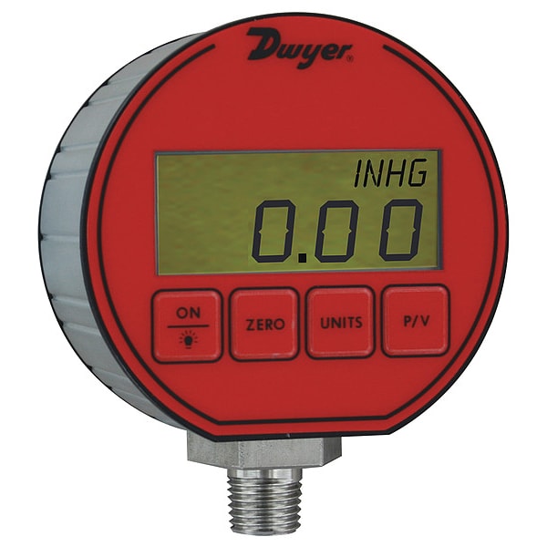 Digital Compound Gauge, -30 to 0 to 15 in Hg/psi, 1/4 in MNPT, Red
