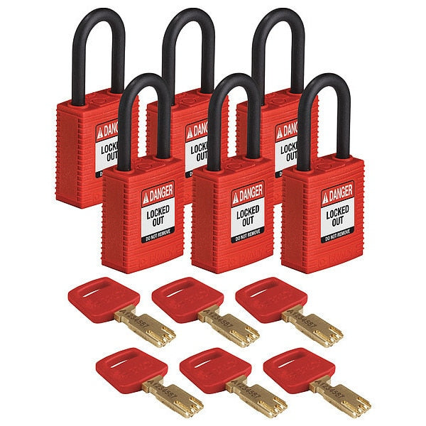 Lockout Padlock, Nylon, Red, 6 Keys, PK6